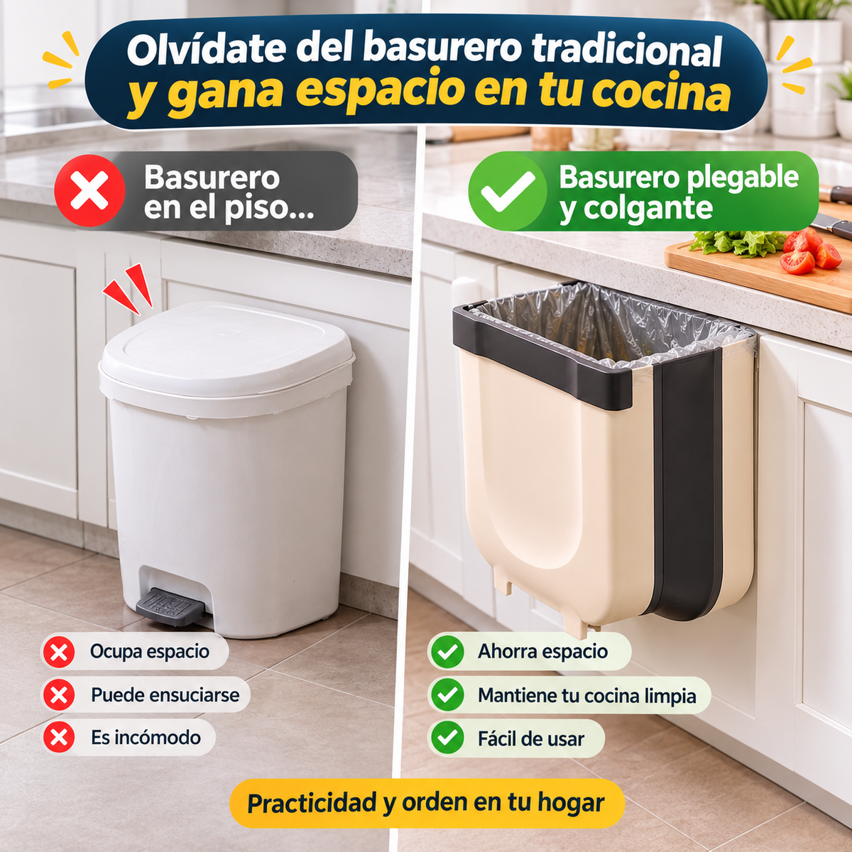Basurero Plegable Inteligente para Cocina – Ahorra Espacio y Facilita la Limpieza