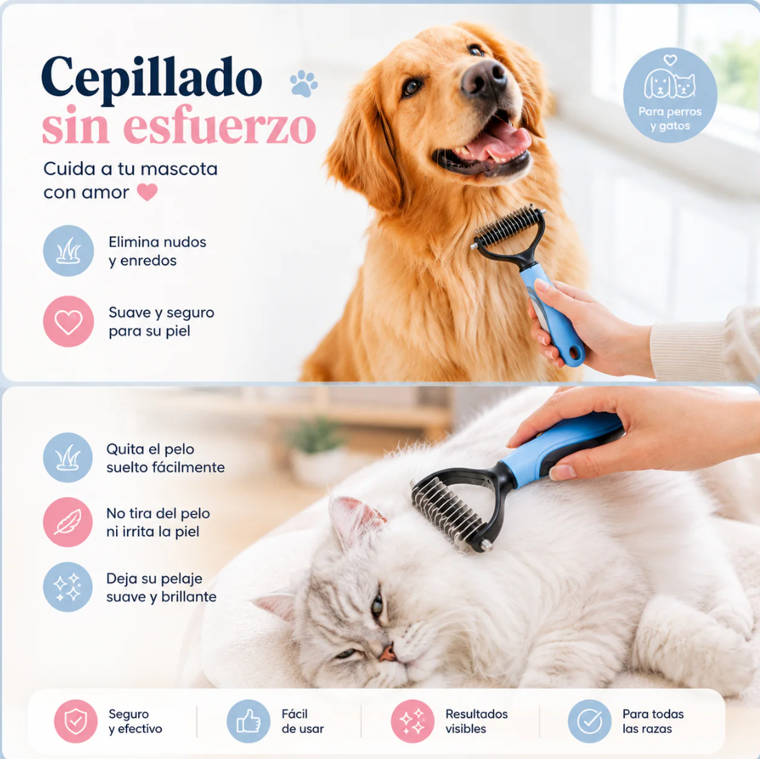 Cepillo Profesional para Desenredar – Pelo Suave y Libre de Nudos en Mascotas ✨💖
