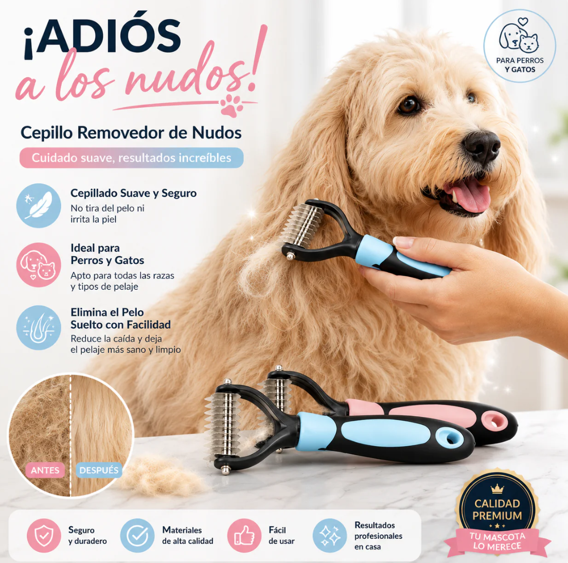 Cepillo Profesional para Desenredar – Pelo Suave y Libre de Nudos en Mascotas ✨💖
