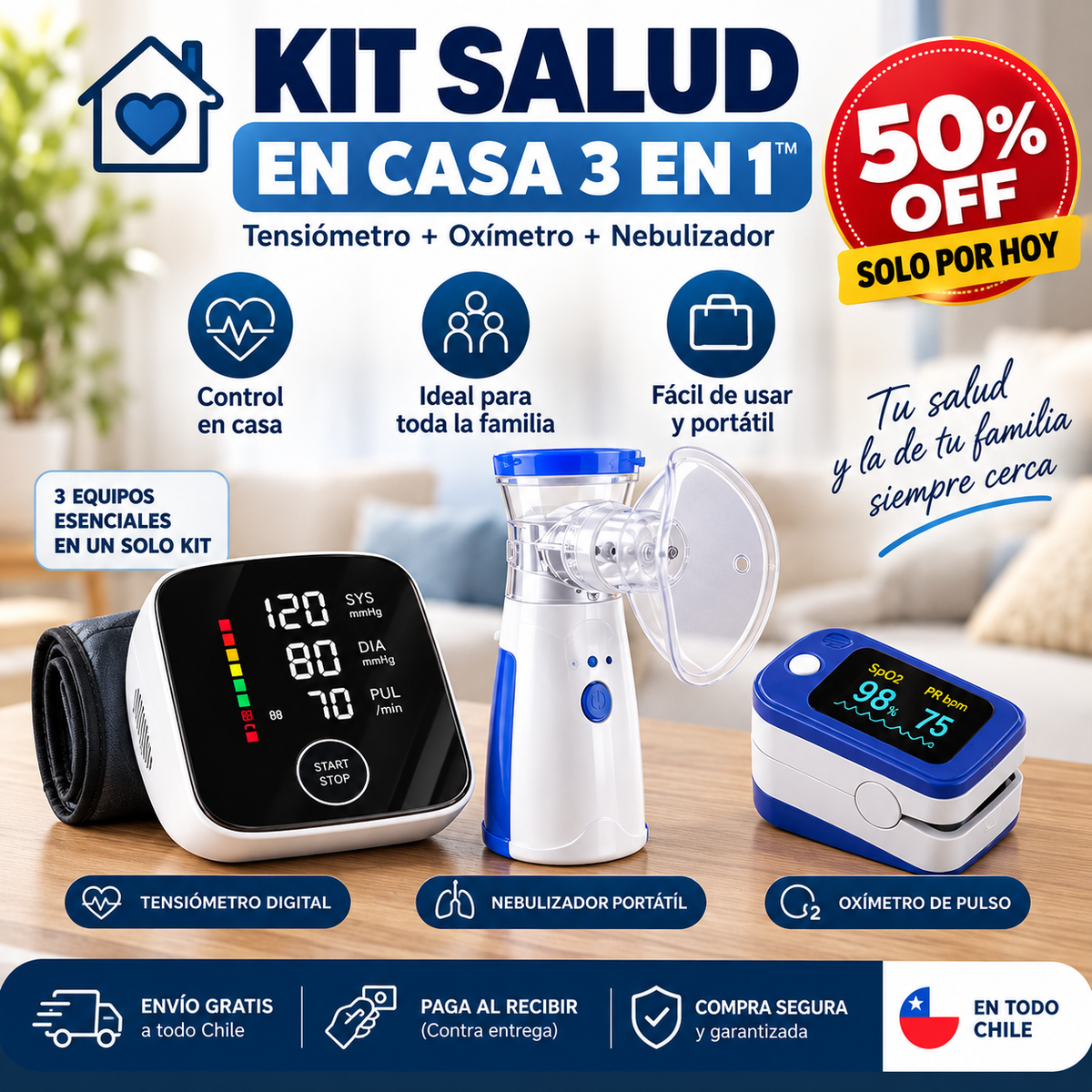 🏠 KIT SALUD EN CASA 3 EN 1™ - Tensiómetro + Oxímetro + Nebulizador