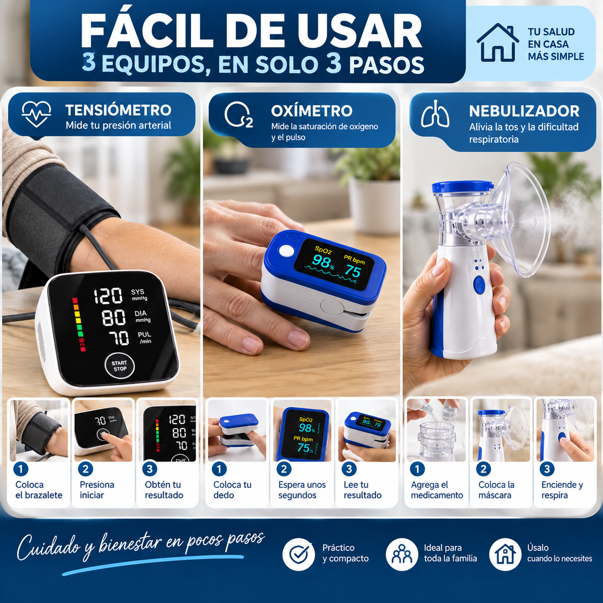 🏠 KIT SALUD EN CASA 3 EN 1™ - Tensiómetro + Oxímetro + Nebulizador
