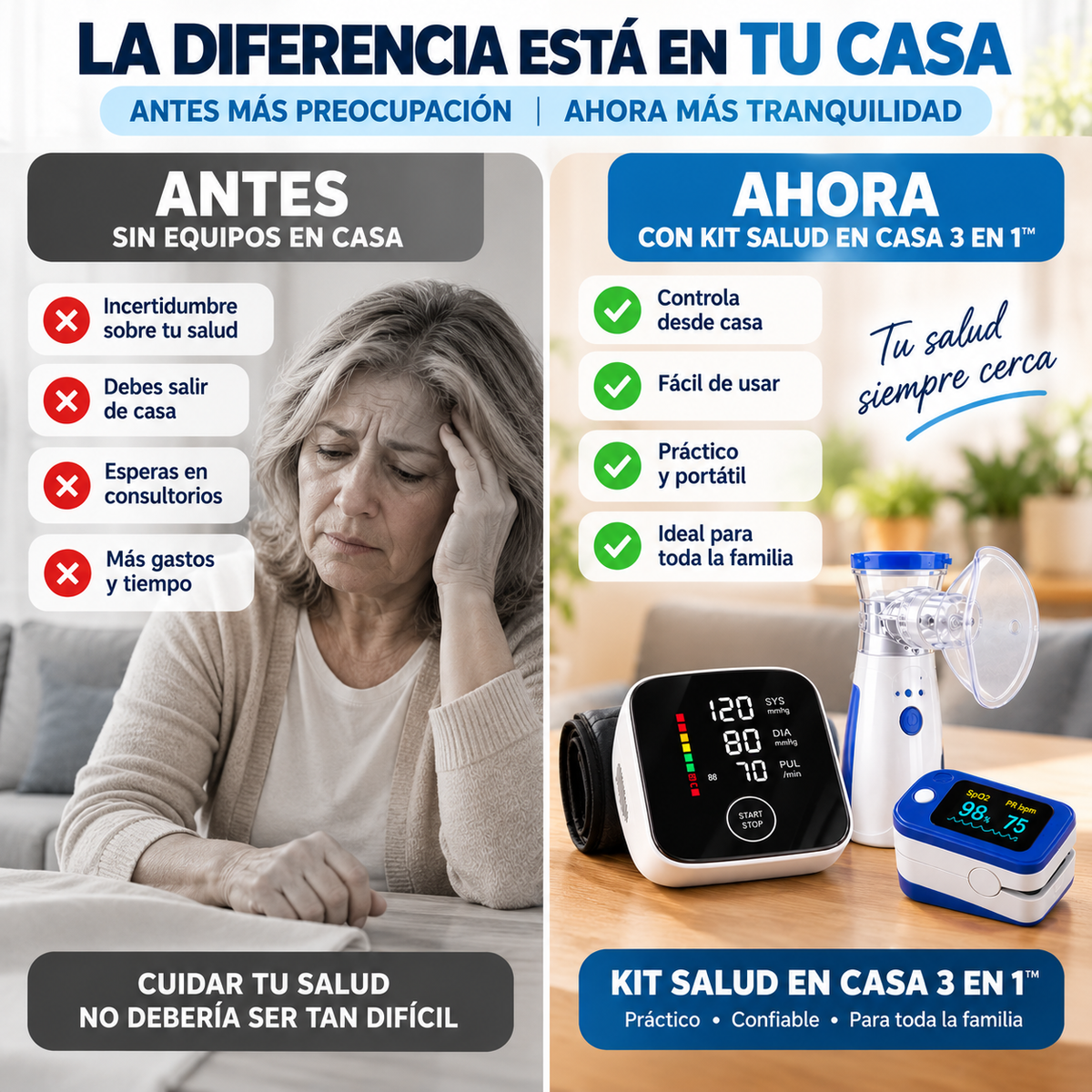 🏠 KIT SALUD EN CASA 3 EN 1™ - Tensiómetro + Oxímetro + Nebulizador