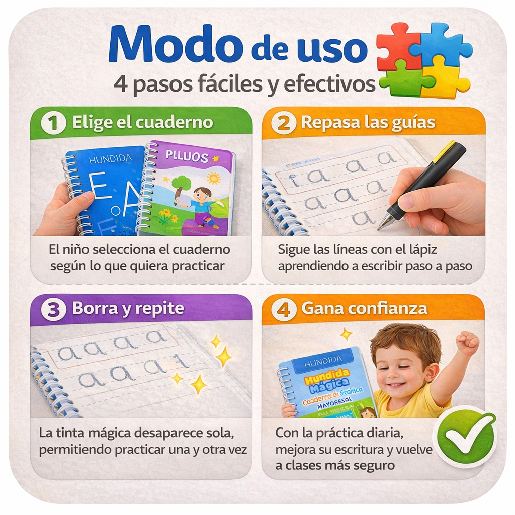 📚 Pack 4 Cuadernos Mágicos de Caligrafía Montessori ✍️ + Bolígrafo Especial + Recargas 🖊️ | Aprende Jugando y Mejora tu Escritura ✨