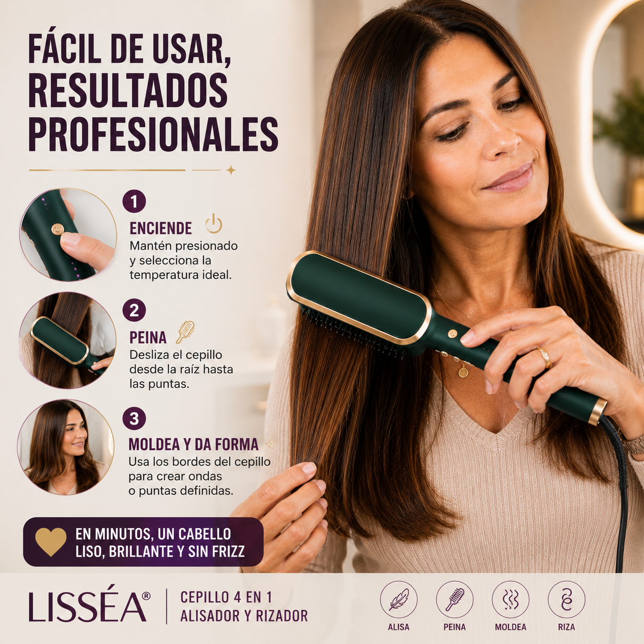 LISSÉA® | Cepillo 4 en 1 Alisador y Rizador