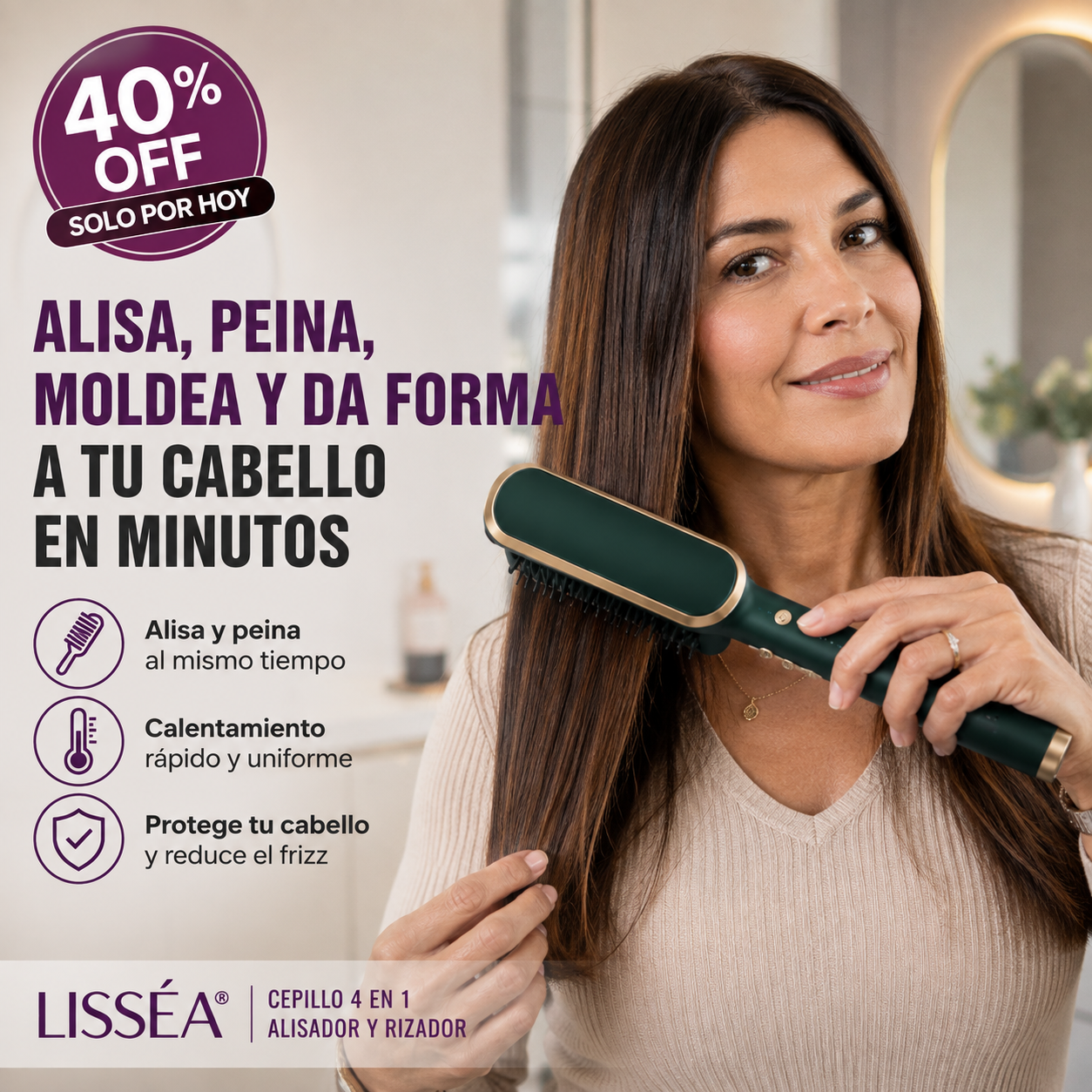 LISSÉA® | Cepillo 4 en 1 Alisador y Rizador