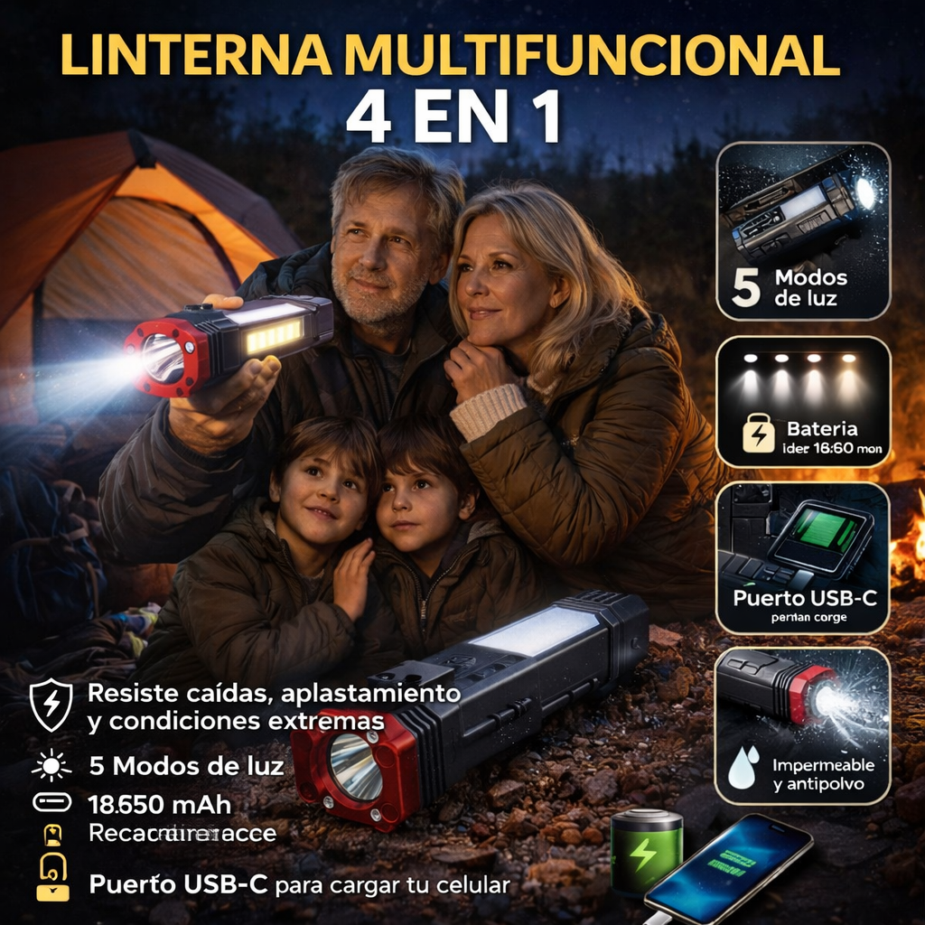 Linterna Multifuncional 4 En 1 Recargable🔦