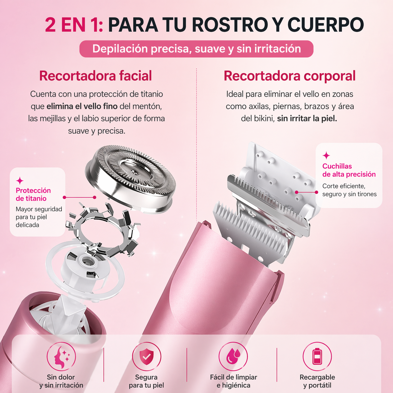 Depiladora Recargable 2 en 1 ✨ Piel suave, segura y sin irritación en minutos 💜