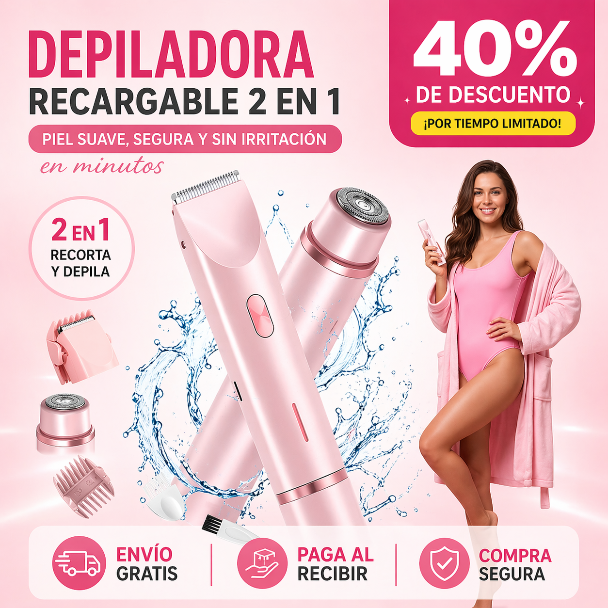 Depiladora Recargable 2 en 1 ✨ Piel suave, segura y sin irritación en minutos 💜