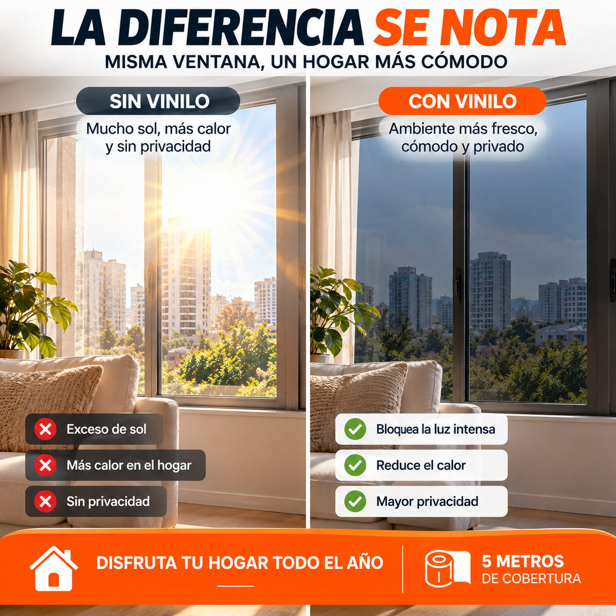 Vinilo Adhesivo Anti-UV para Ventanas 60 cm x 5 Metros | Más Privacidad y Menos Sol Directo