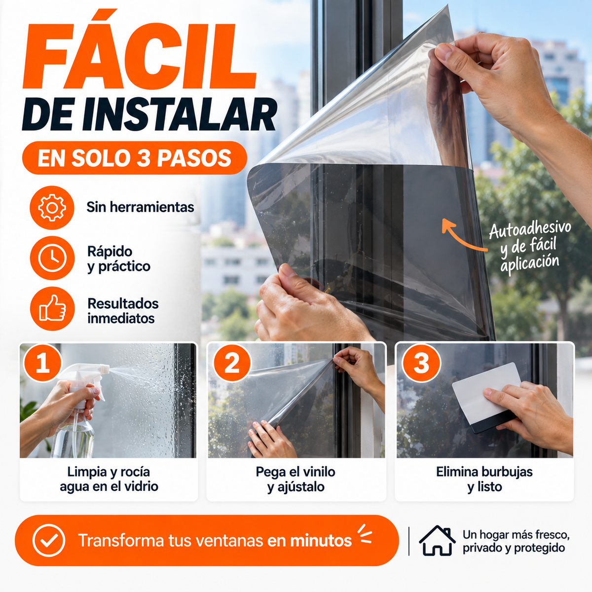 Vinilo Adhesivo Anti-UV para Ventanas 60 cm x 5 Metros | Más Privacidad y Menos Sol Directo