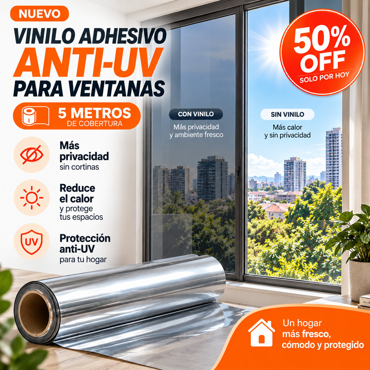 Vinilo Adhesivo Anti-UV para Ventanas 60 cm x 5 Metros | Más Privacidad y Menos Sol Directo