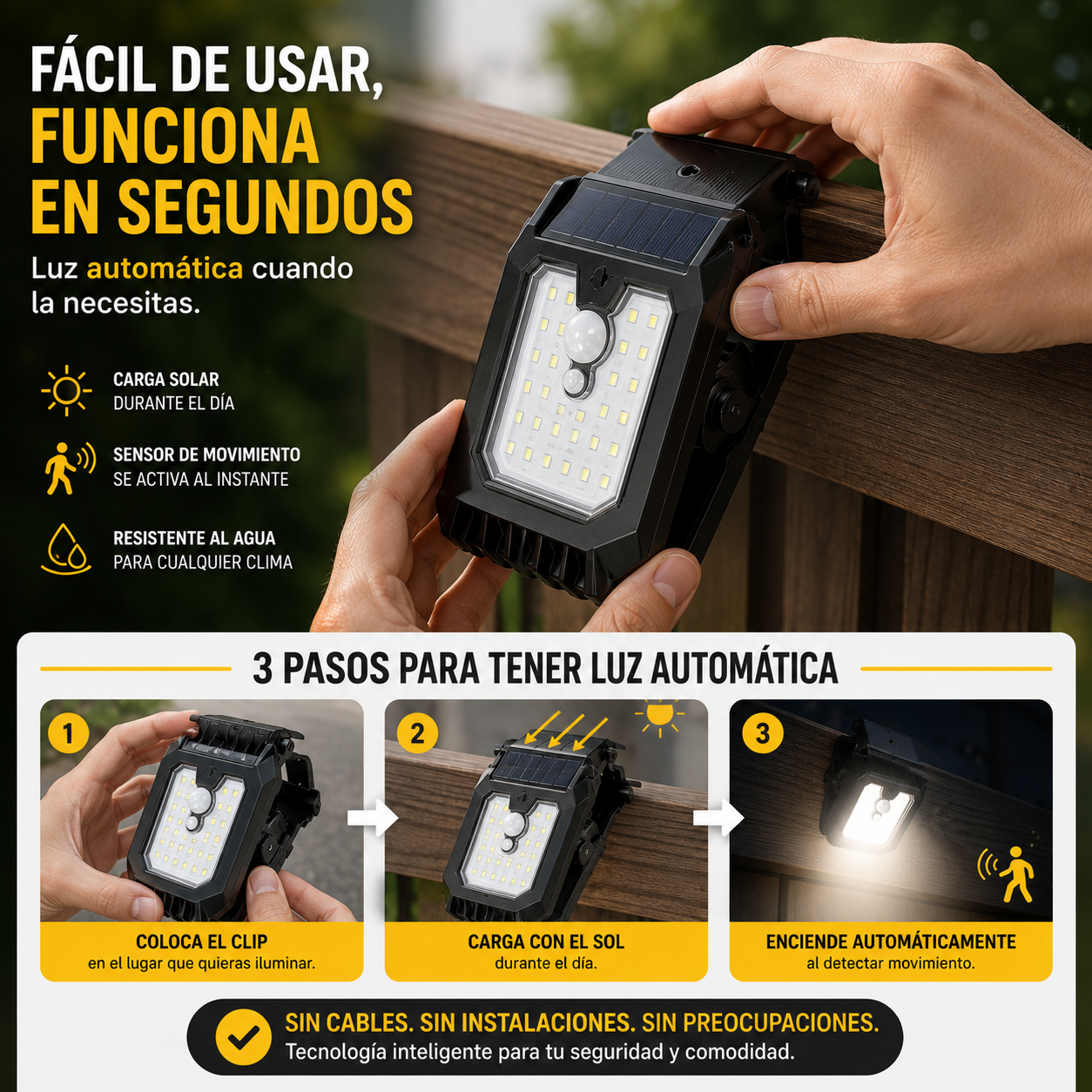 Lámpara Solar Inteligente Clip Pro™ – Luz Automática con Sensor de Movimiento