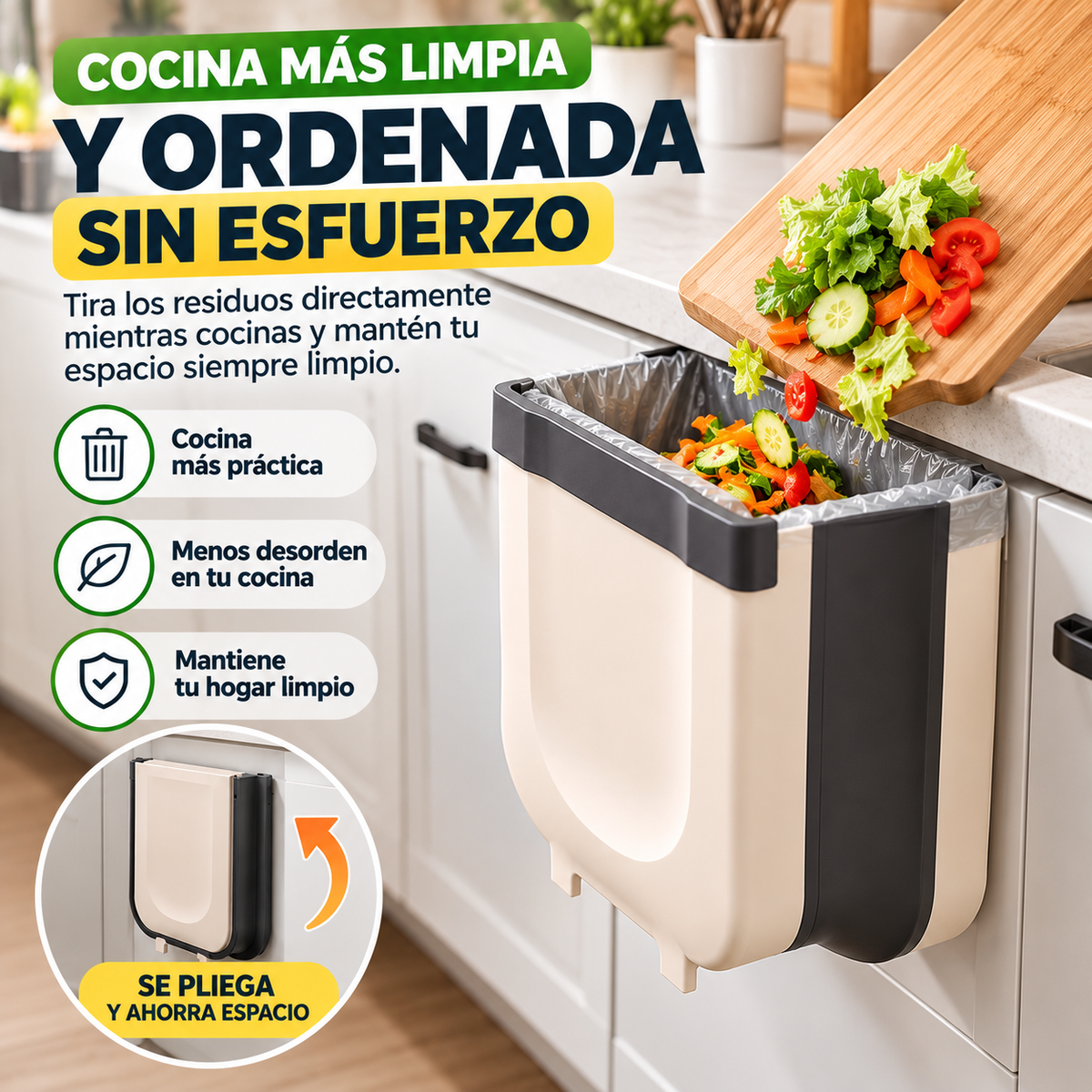 Basurero Plegable Inteligente para Cocina – Ahorra Espacio y Facilita la Limpieza