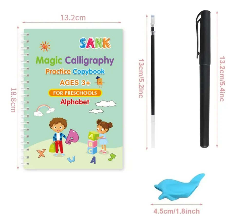 📚 Pack 4 Cuadernos Mágicos de Caligrafía Montessori ✍️ + Bolígrafo Especial + Recargas 🖊️ | Aprende Jugando y Mejora tu Escritura ✨