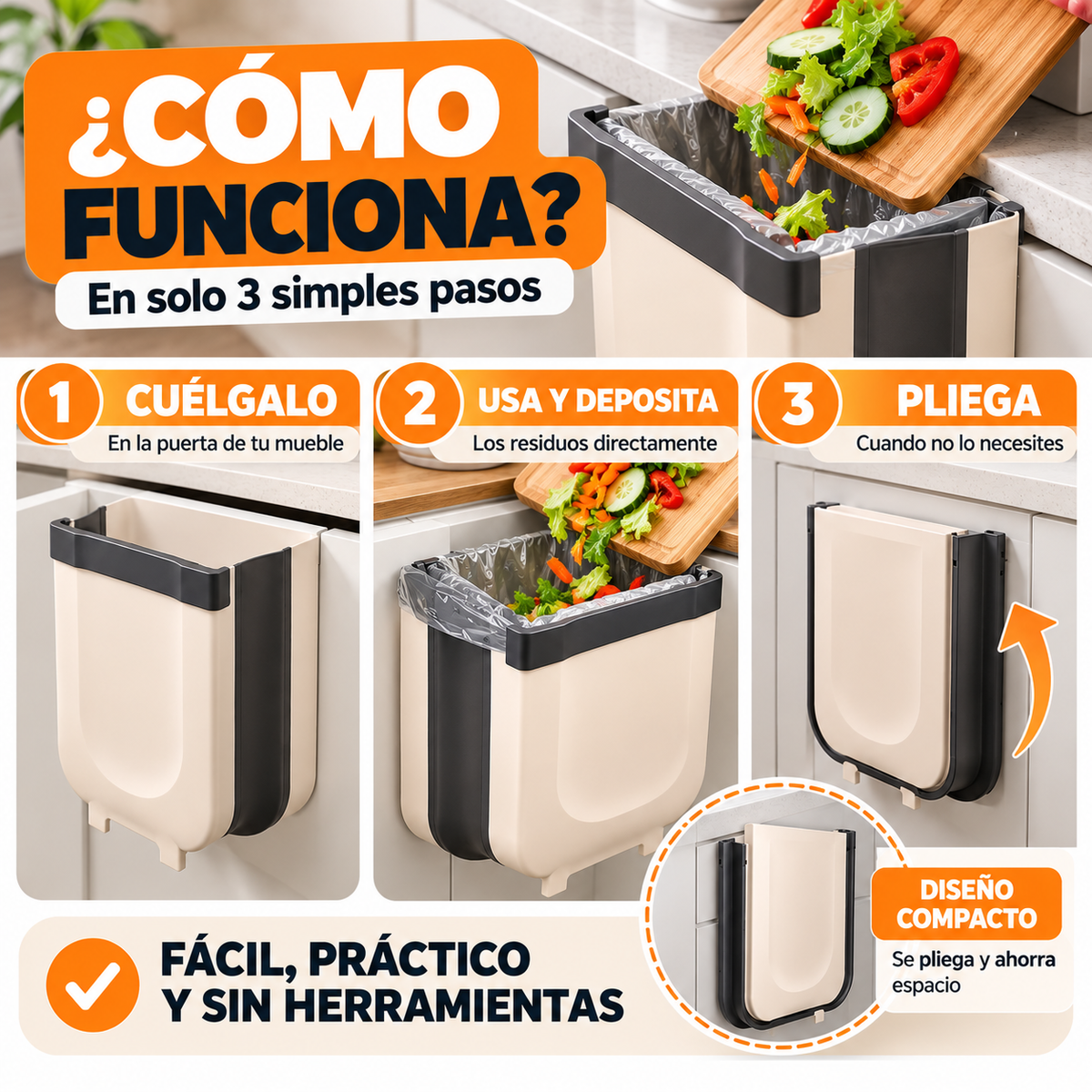 Basurero Plegable Inteligente para Cocina – Ahorra Espacio y Facilita la Limpieza